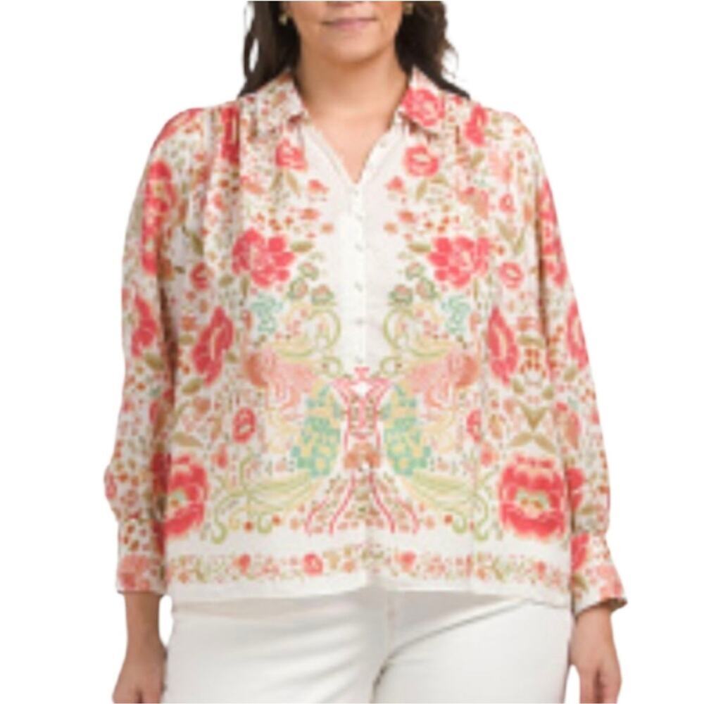 Rose & Olive Cream & Pink Floral Print Women's Top Shirt Plus Size 2X New